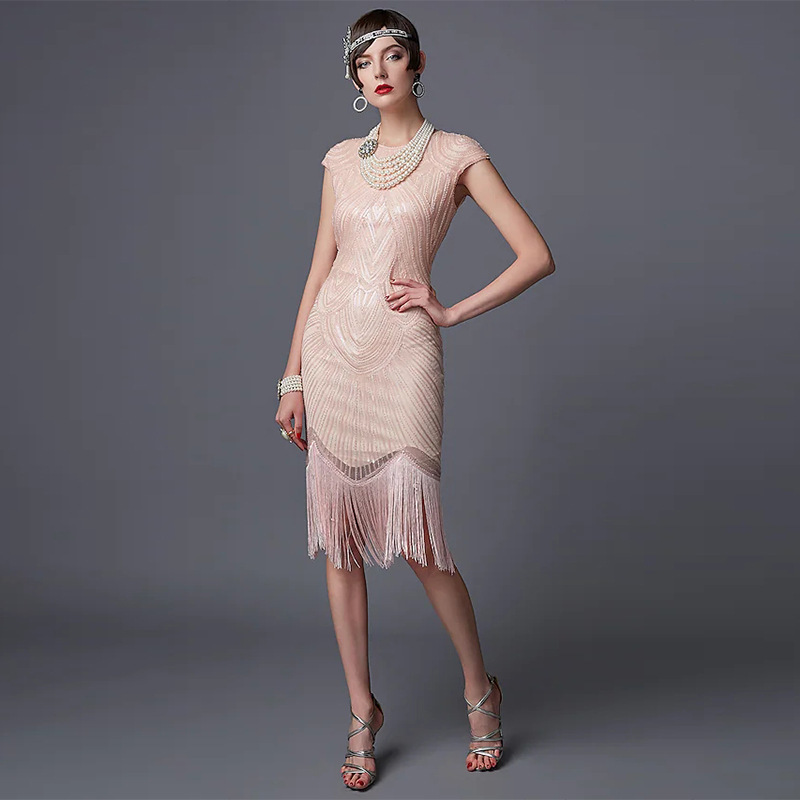 Vintage Fashion Dresses - ชุดเดรสสไตล์แฟลปเปอร์ยุค 1920 ประดับเลื่อมวินเทจ พร้อมพู่ห้อย เหมาะสำหรับงานเลี้ยงค็อกเทล งานเต้นรำสไตล์เกรทแกตสบี้