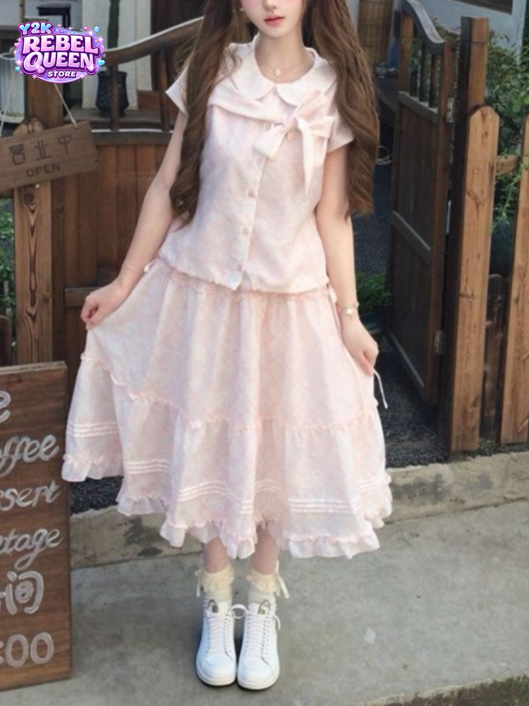 Vintage Fashion Jersey - เสื้อคอปีเตอร์แพนสไตล์วินเทจญี่ปุ่น แต่งโบว์หวานๆ + กระโปรงระบายยาวปานกลาง ชุดเซ็ต 2