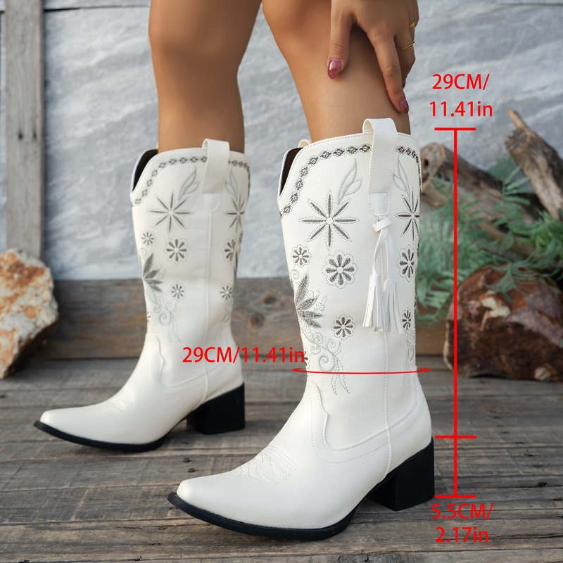 รองเท้าบูทส้นหนาหัวแหลมปักลายส - Vintage Outdoor Fashion บทวิจารณ์และราคา